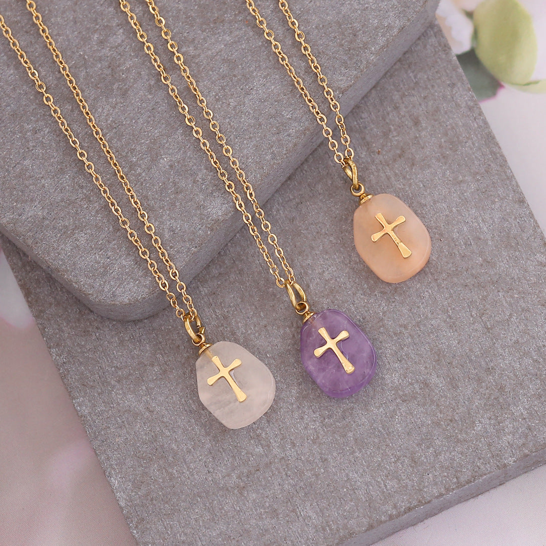 Wholesale natural stone cross necklace simple clavicle chain stainless steel necklace