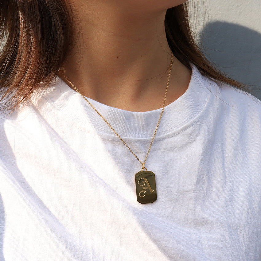 Wholesale 2PCS Stainless Steel Gold Plated Letter Square Necklace