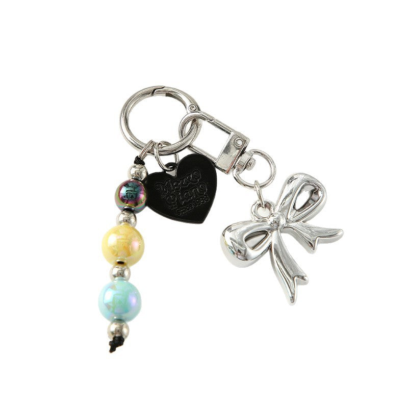 Wholesale Colored bead heart shaped bow metal keychain