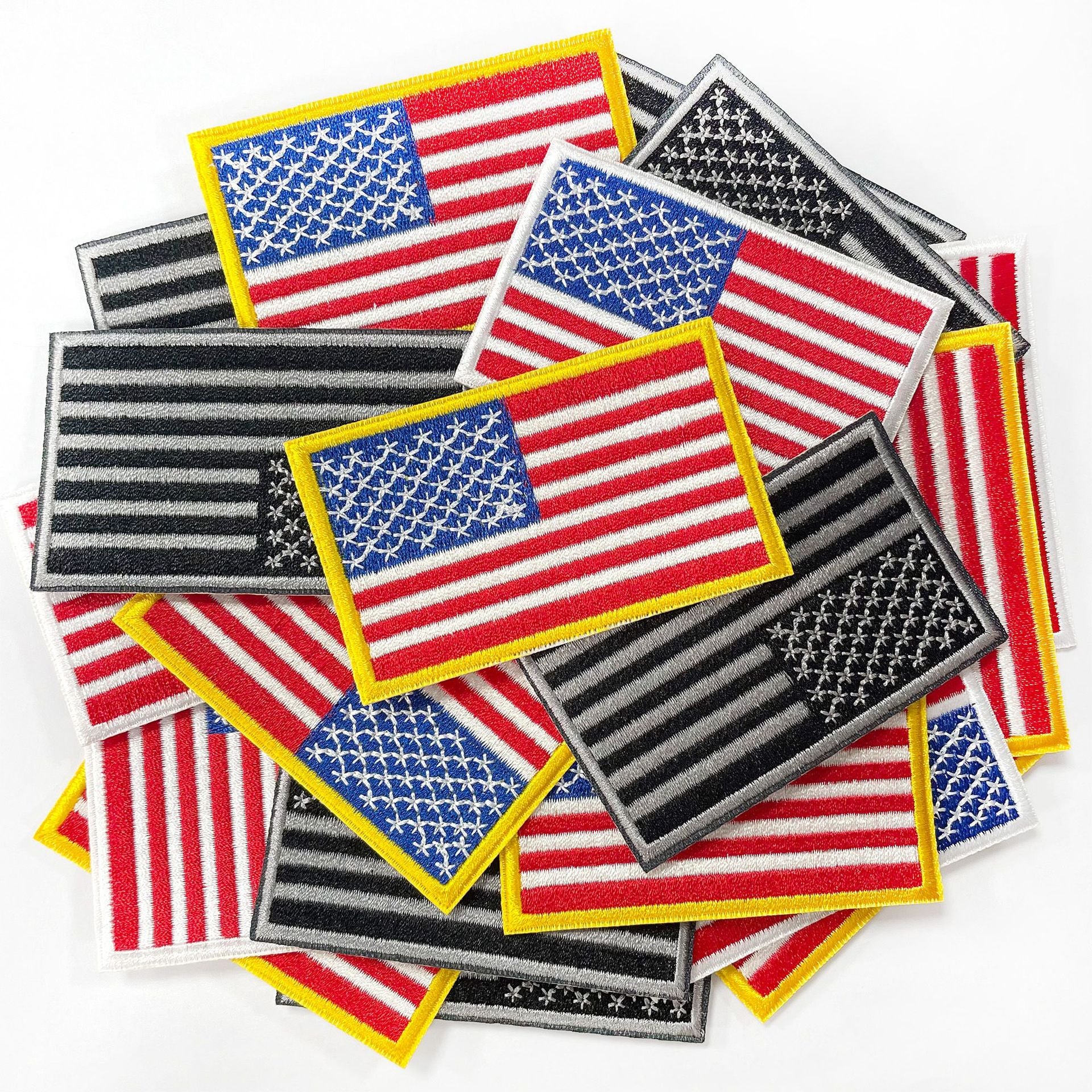 Wholesale Trendy Embroidered American Flag Patch With Gold Trim Hot Melt Adhesive Backing For Coats