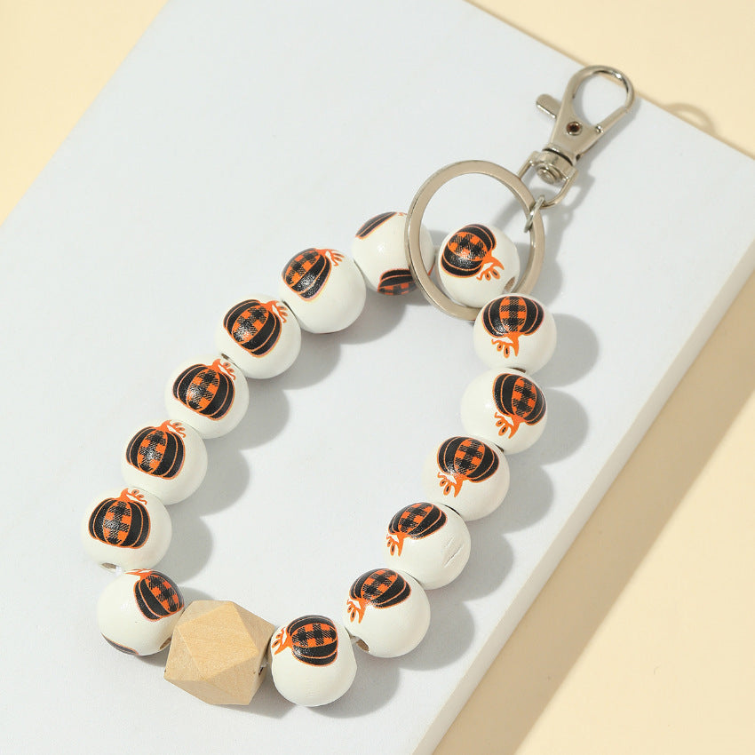 Wholesale Halloween Pumpkin Wooden Bead Bracelet Keychain