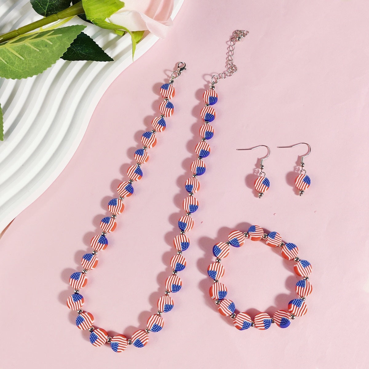 Wholesale Creative Geometric American Flag Beaded Bracelet Earrings Necklace