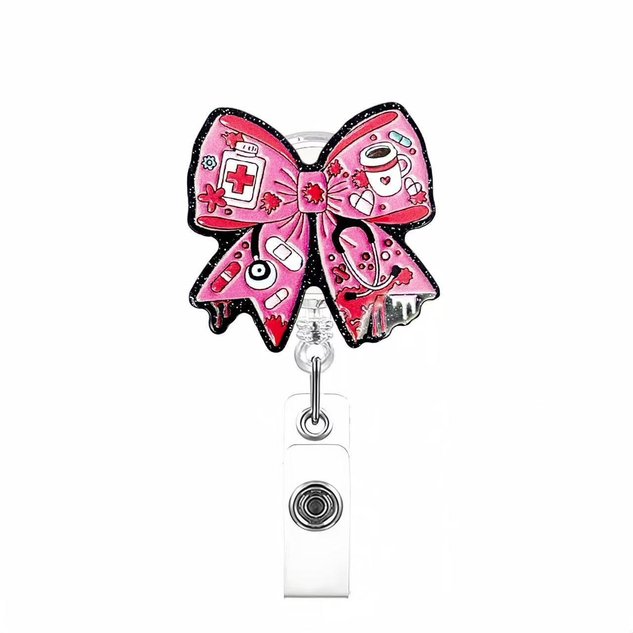 Wholesale Pink cherry medical staff with diverse bows Badge Reels