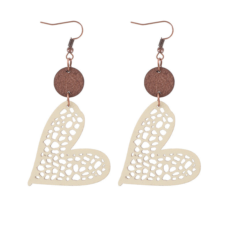 Wholesale Valentine's Day Love Wood Chip Hollow Mesh Leather Earrings