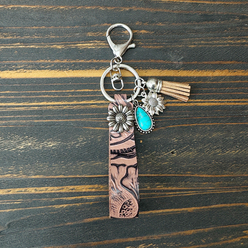 Wholesale Western Cowboy Vintage Genuine Leather Turquoise Cowhide Keychain