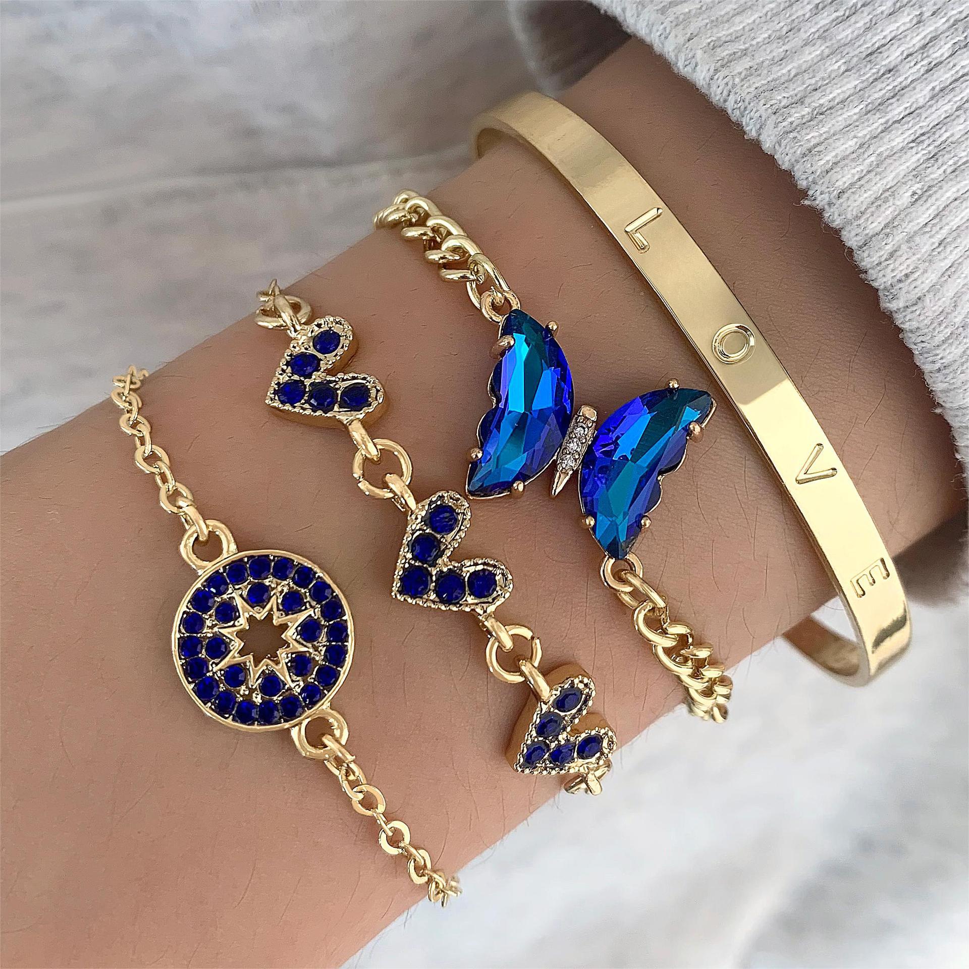 Wholesale Blue Butterfly Diamond-Encrusted Hollow Four-Layer Bracelet Geometric Open