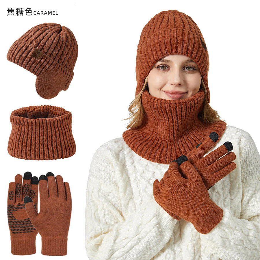 Wholesale Winter Fleece Ear Protection Knitted Hat Scarf Touch Screen Gloves Warm Suit