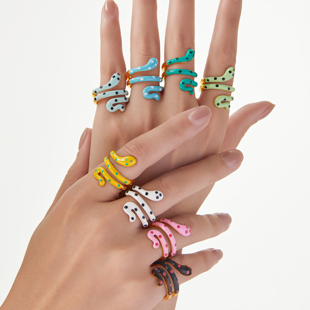 Wholesale Bohemian style color oil drop snake copper ring ins sweet cool hot girl open finger ring color retention in stock supply