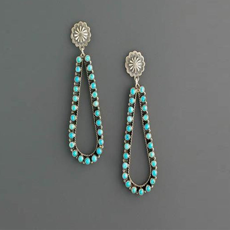 Wholesale Vintage Water Drop Hollowed Out Inlaid Turquoise Alloy Earrings