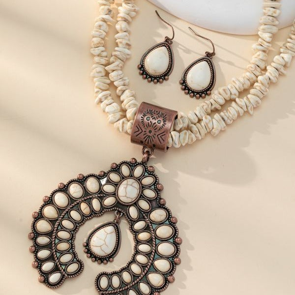 Wholesale Retro round flower turquoise pendant ethnic style alloy geometric earrings necklace jewelry set