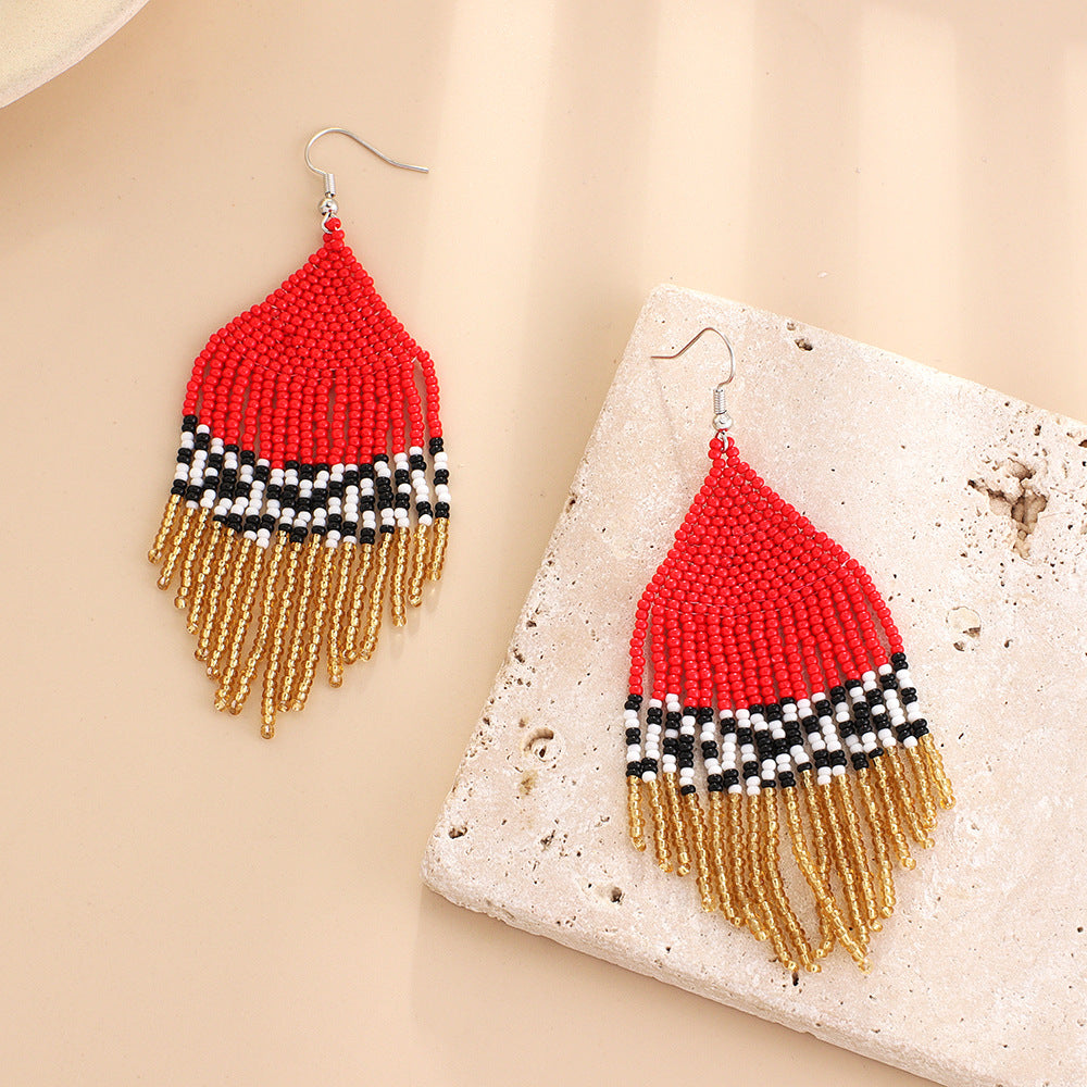 Wholesale Bohemian Handmade Rice Beads Colorful Ethnic Style Tassel Earrings