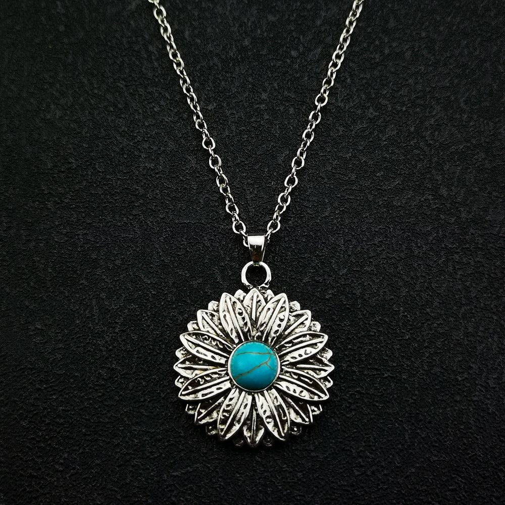 Wholesale Vintage Boho Blue Turquoise Sunflower Necklace
