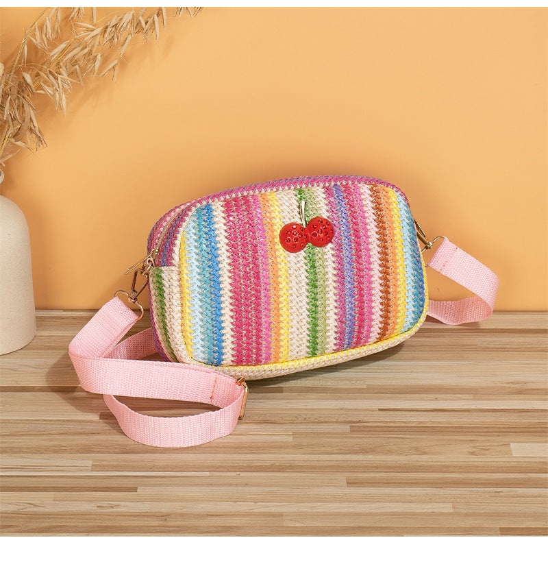 Wholesale Rainbow Large Capacity Woven Cherry Decoration Straw Woven Tote Bag Cross Body Camera Bag