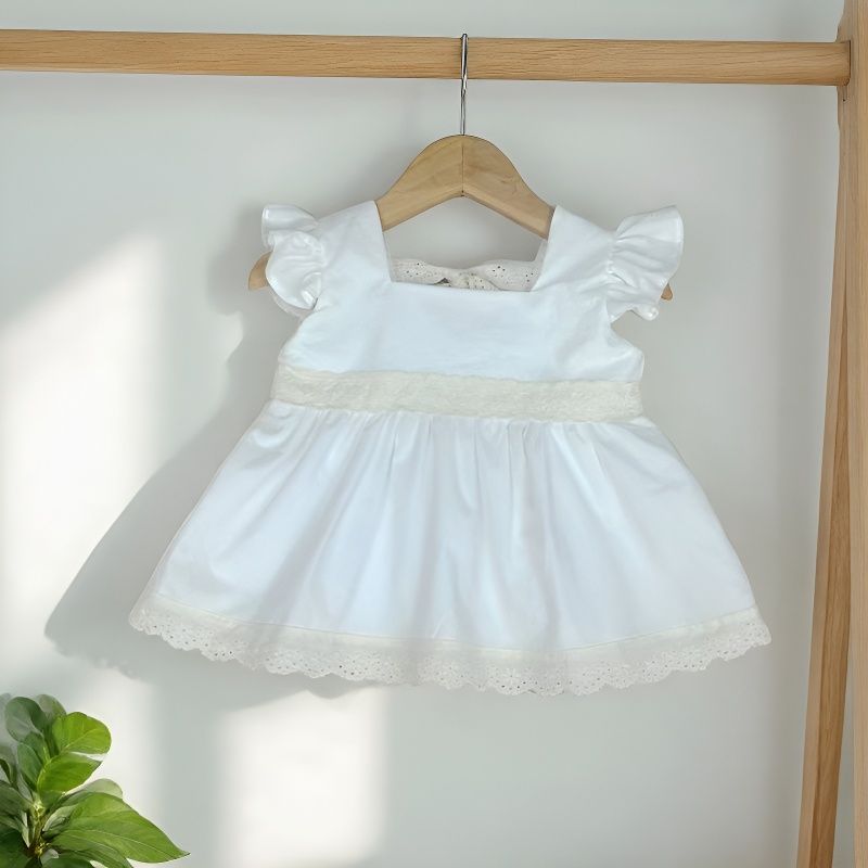 Wholesale Trendy Baby Girl Summer Dress Princess Lace Square Collar Cotton Toddler Party Wear Boutique Clothing