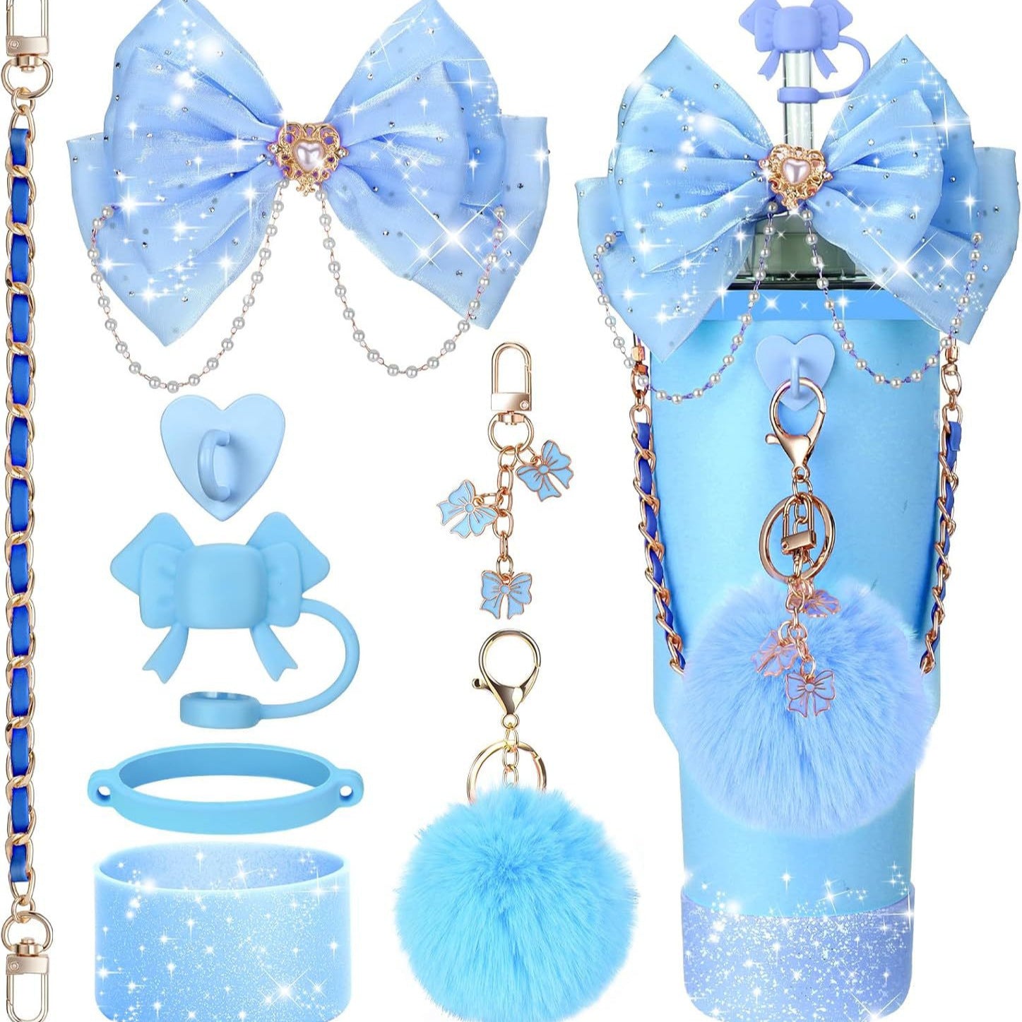 Wholesale Straw hat cup sleeve cup chain bow glitter pendant plush ball pendant