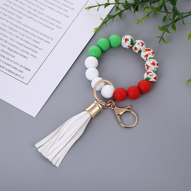 Wholesale Christmas New Silicone Beads PU Tassel Wooden Beads Bracelet Keychain