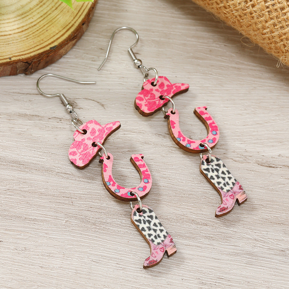 Wholesale Valentine's Day Pink Printed Denim Hats, Horseshoe High Heels, Wooden Earrings