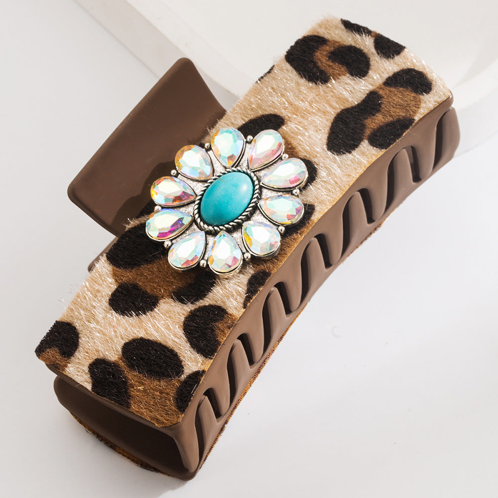 Wholesale Ancient Silver Alloy Turquoise Hair Clip Retro Leopard Print Sequined Leather Hair Clips