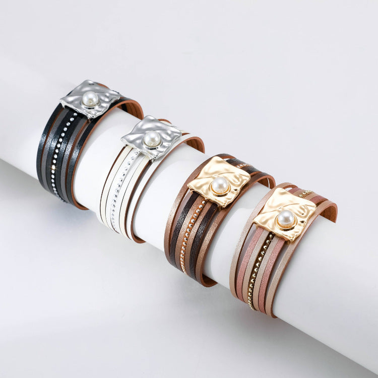 Wholesale Bohemian Multi-layered Leather Buckle with Pearl Bracelet