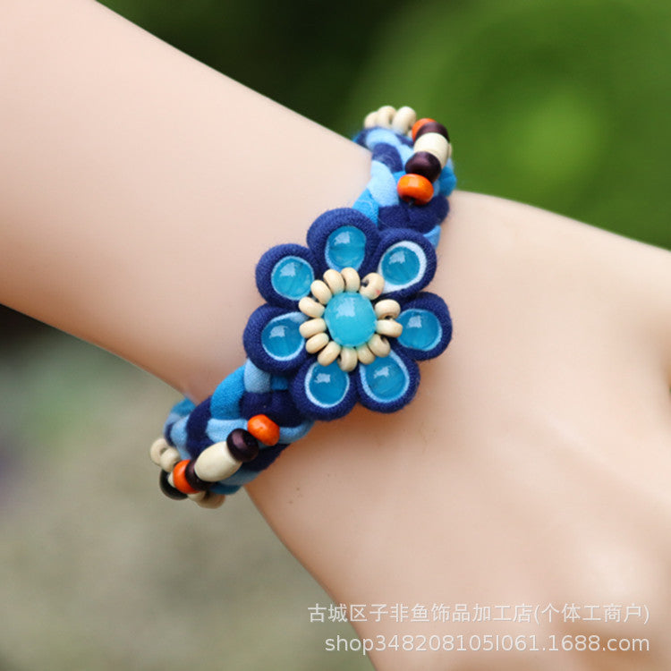 Wholesale Ethnic Style Tie-dye Hand-sewn Fabric Blue Dyed Blue Cloth Bracelet Jewelry