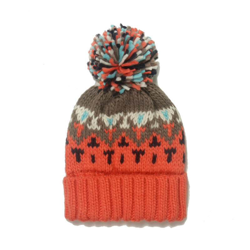 Wholesale Warm Mohair Mixed Color Geometric Diamond Jacquard Pom Pom Hat