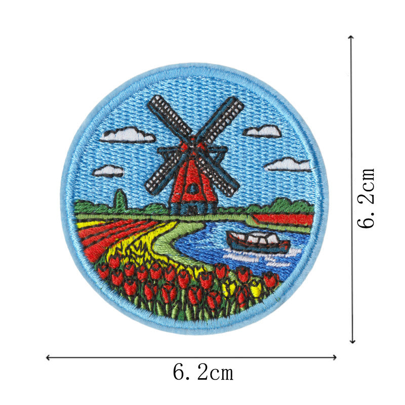 Wholesale Embroidered World Scenery Iron On No Sew Patches Set Of 9 Travel Windmill Badge Chic DIY Clothing Backpack Fashion Accessory Boutique Resale Gift