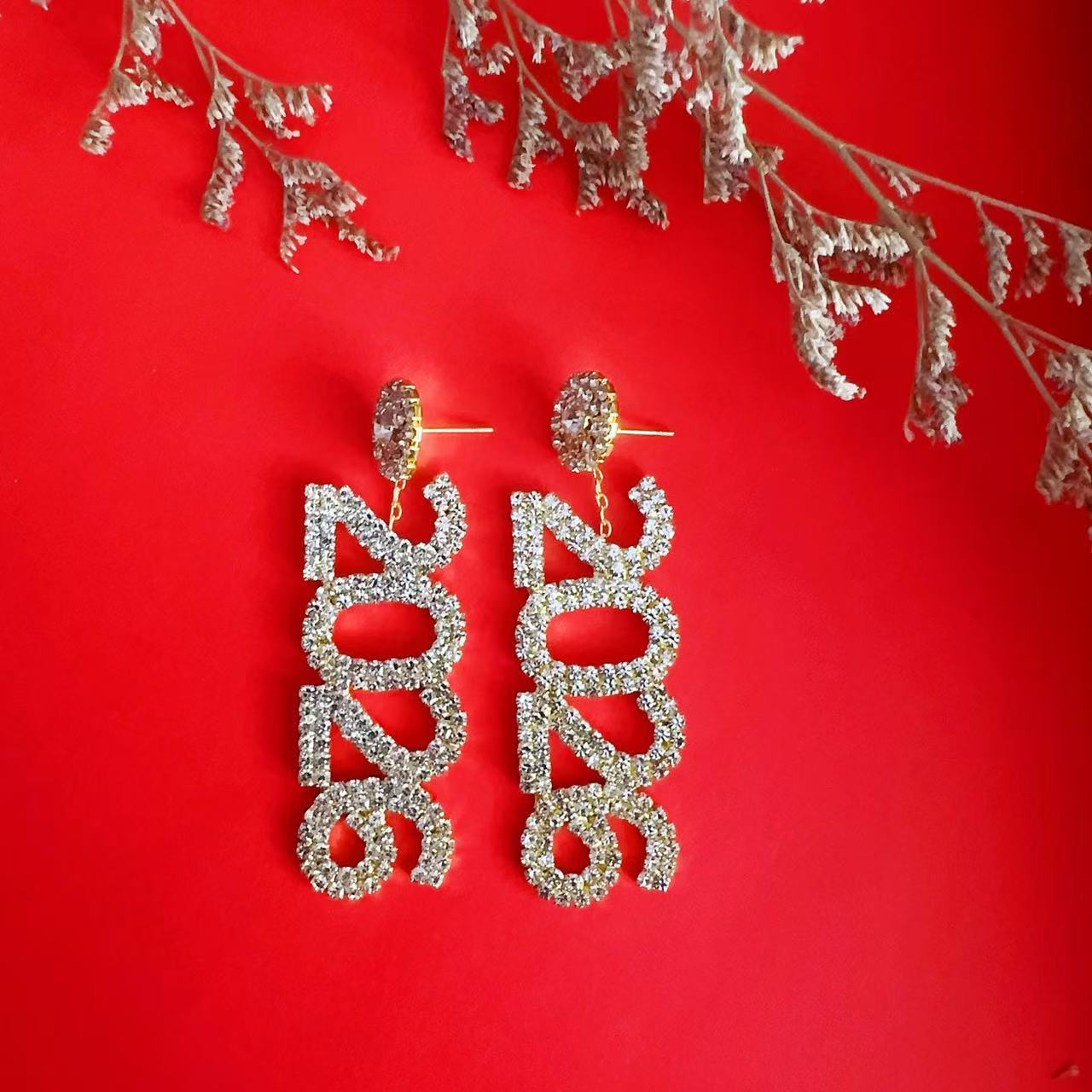 Wholesale Full Diamond Number 2026 Blingbling Earrings