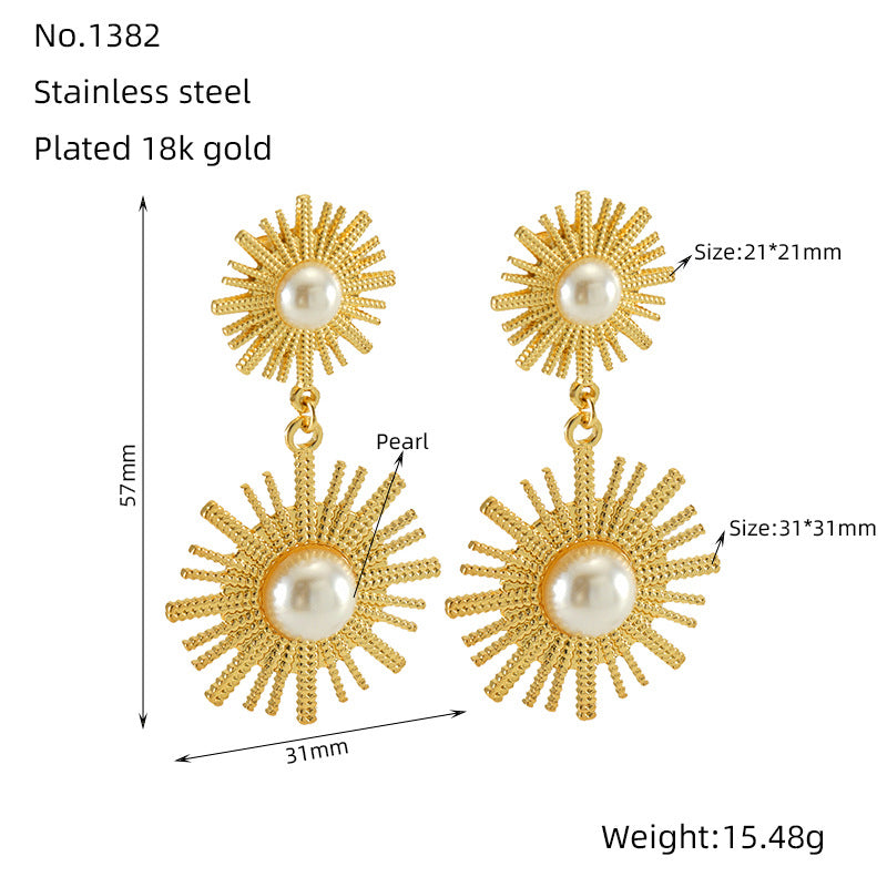 Wholesale Vintage Round Sunflower Pearl Titanium Steel Gold Plated Earrings