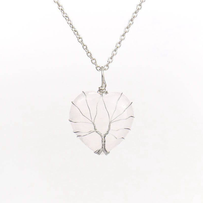 Wholesale Silver Hand-wound Heart Natural Stone Rose Quartz Tree of Life Necklace