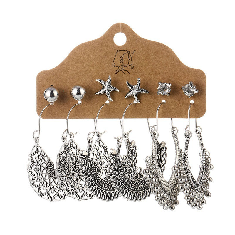 Wholesale Gem Hollow Half-circle Leaf Feather Vintage Earrings 6 Pairs Set