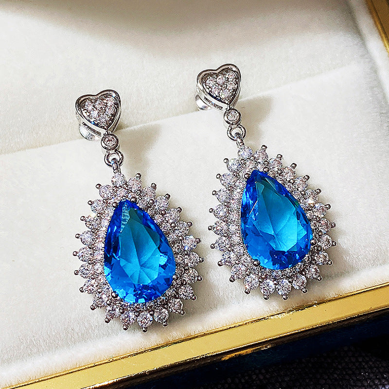 Wholesale Water Drop Blue Zircon Blue Gemstone Earrings