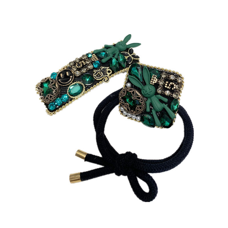 Wholesale Dark Green Rhinestone Bunny Hair Clip