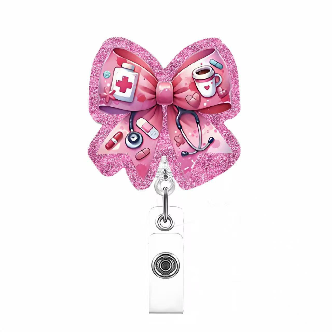 Wholesale Pink cherry medical staff with diverse bows Badge Reels
