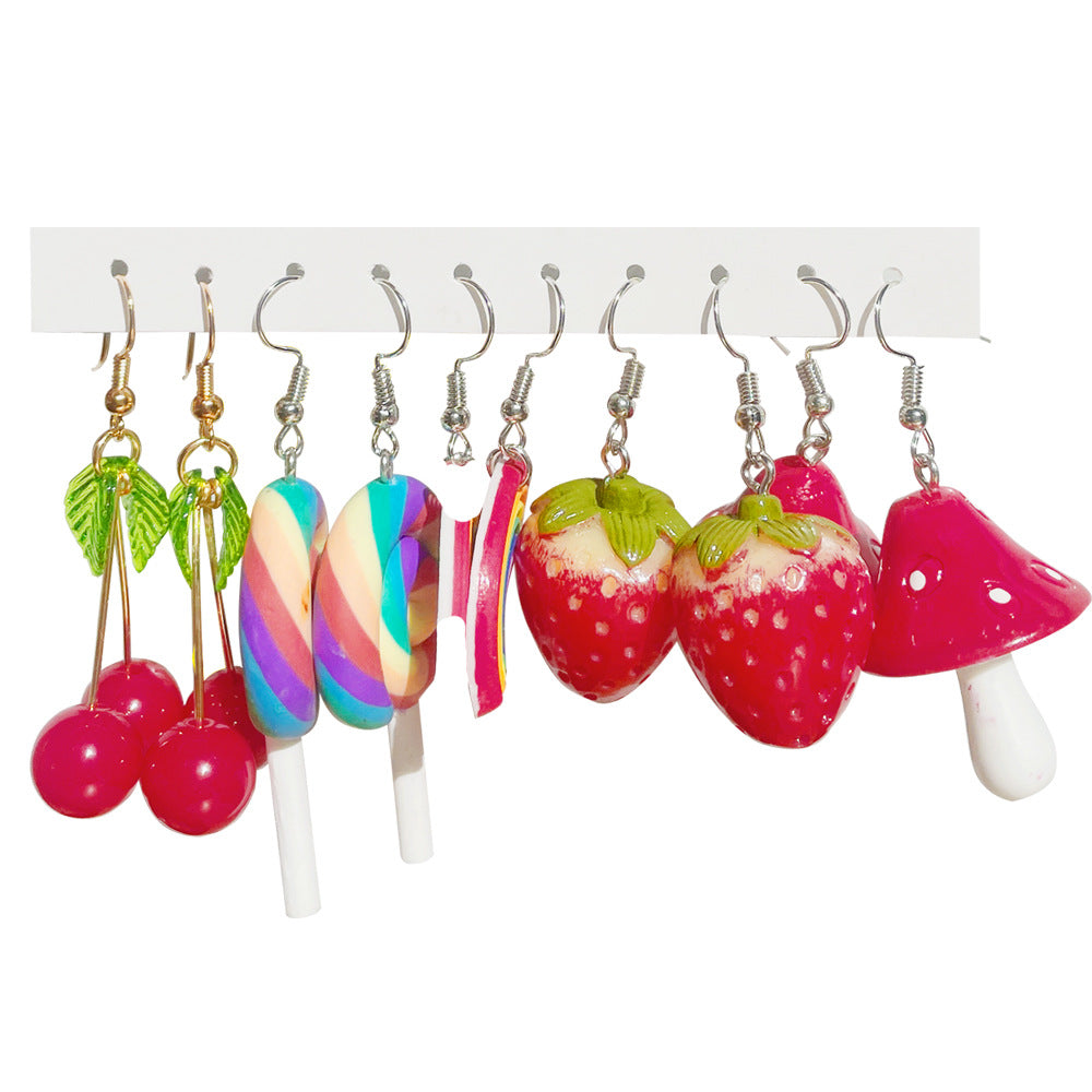 Wholesale 5pcs/pack Hot Sale Sweet Cool Cute Resin Funny Cartoon Flower Strawberry Mushroom Earrings Set