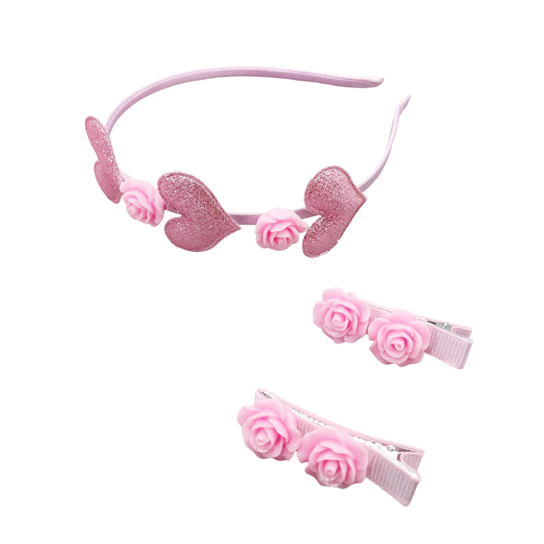 Wholesale pink love headdress suit Valentine's Day Sequined Love headband children's resin rose hairpin hair accessories