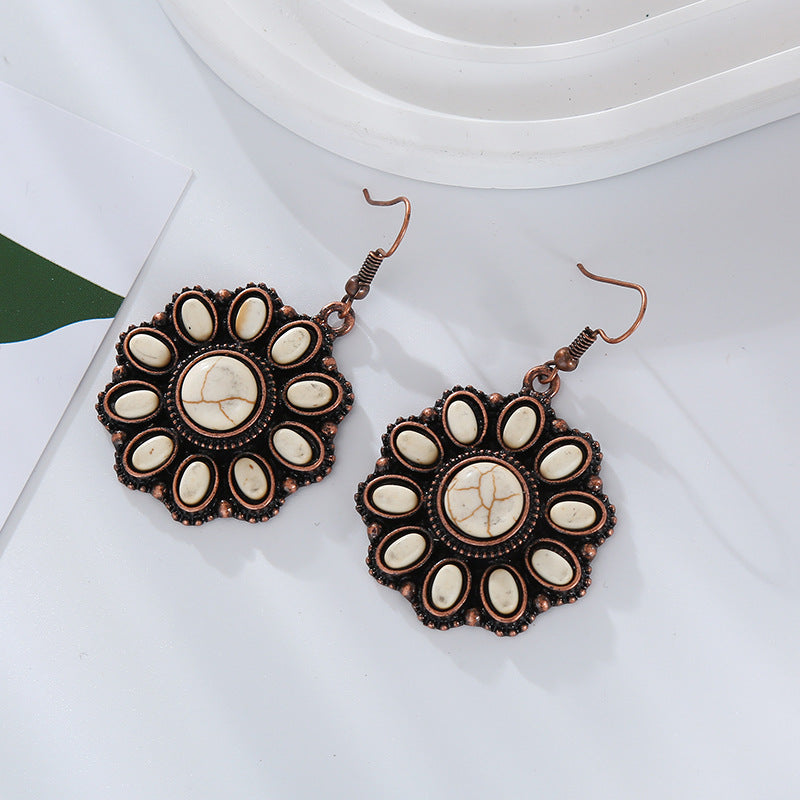 Wholesale Retro Ethnic Style Alloy Inlaid White Turquoise Round Earrings