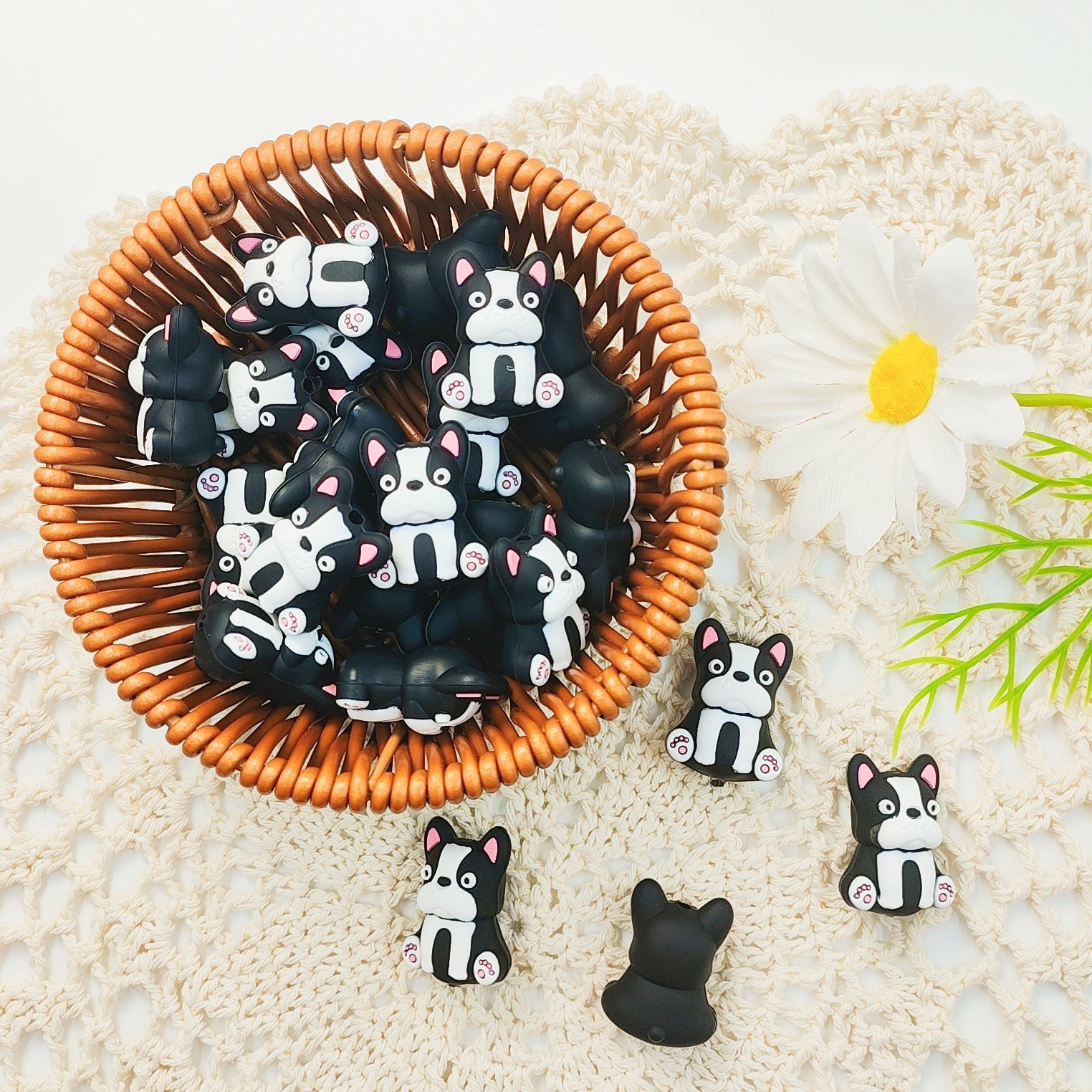 Wholesale 10pcs 3D Cute Black and White Puppy Cartoon Beads