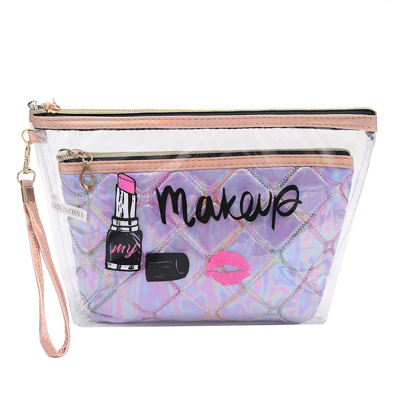 Wholesale PVC Cosmetic Bags Embroidered Diamond Grid Two Piece Set Solid Color Storage Bag