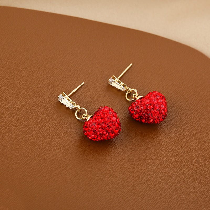 Wholesale Red Full Diamond Heart-shaped Titanium Steel Earrings