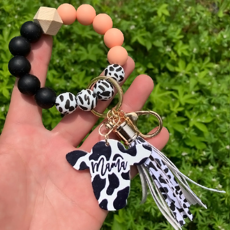 Wholesale Western Style Leopard Print Silicone Bead Bracelet Keychain