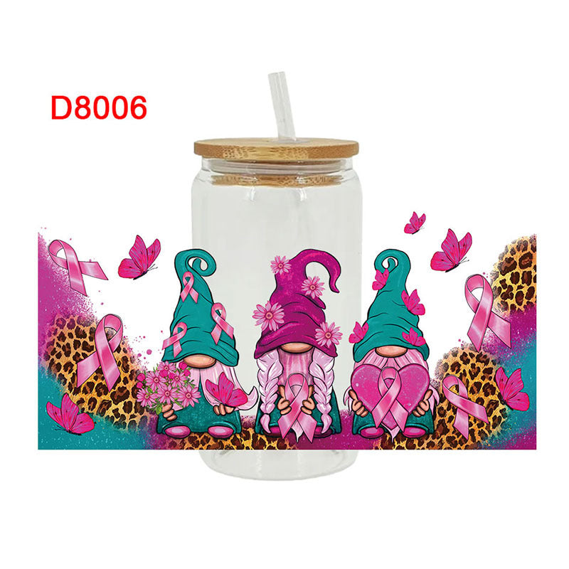Wholesale Pink Cartoon Cute Anti-Cancer Theme 16oz Cup UV DTF Wraps
