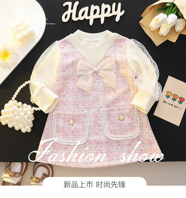 Wholesale Children's Spring Sweet Princess Mesh Bubble Sleeves Round Neck Bow Dress Baby Clothes