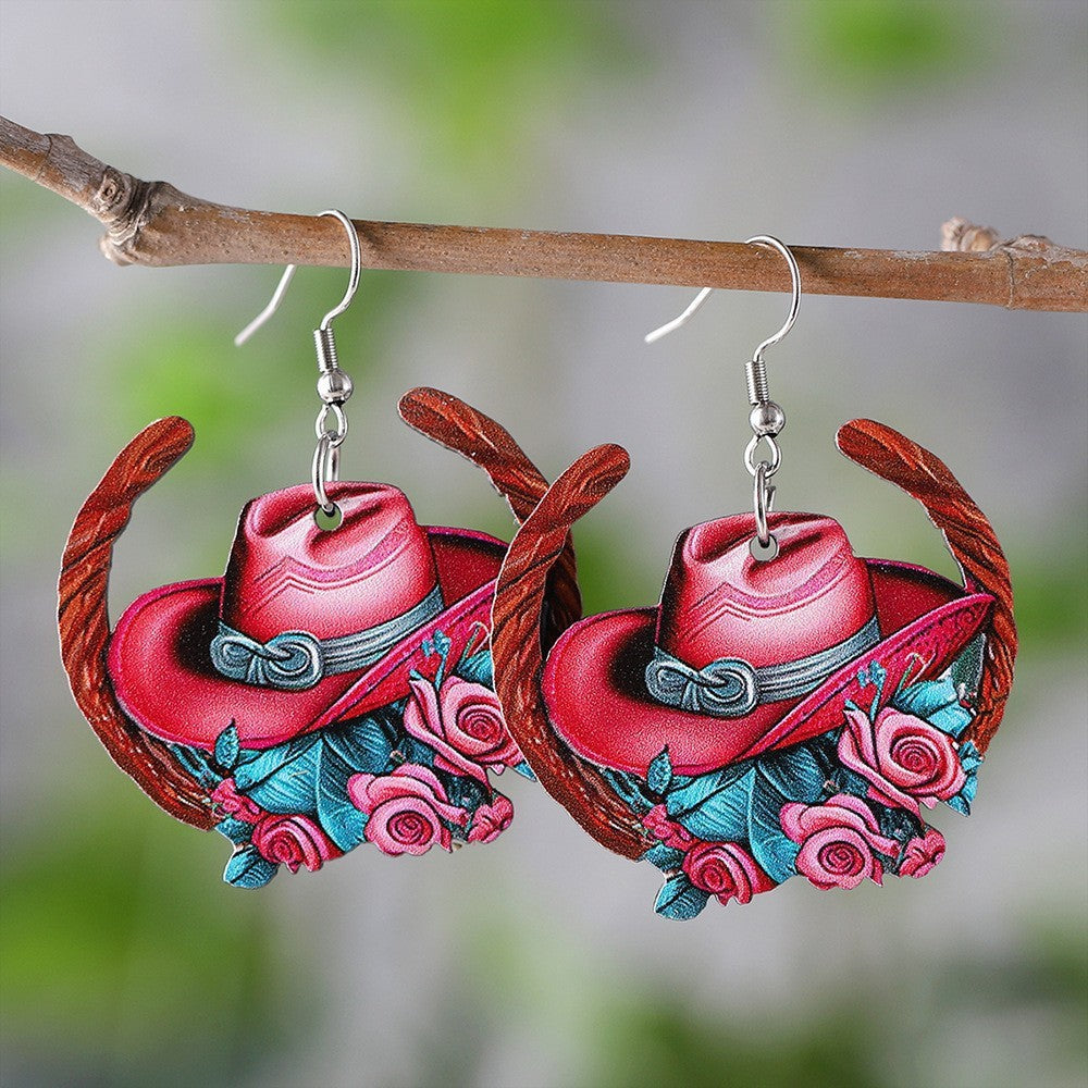 Wholesale Western Cowboy Hat Horseshoe Flower Pendant Earrings Bohemian Acrylic Double Sided Earrings Fashion Party Gift