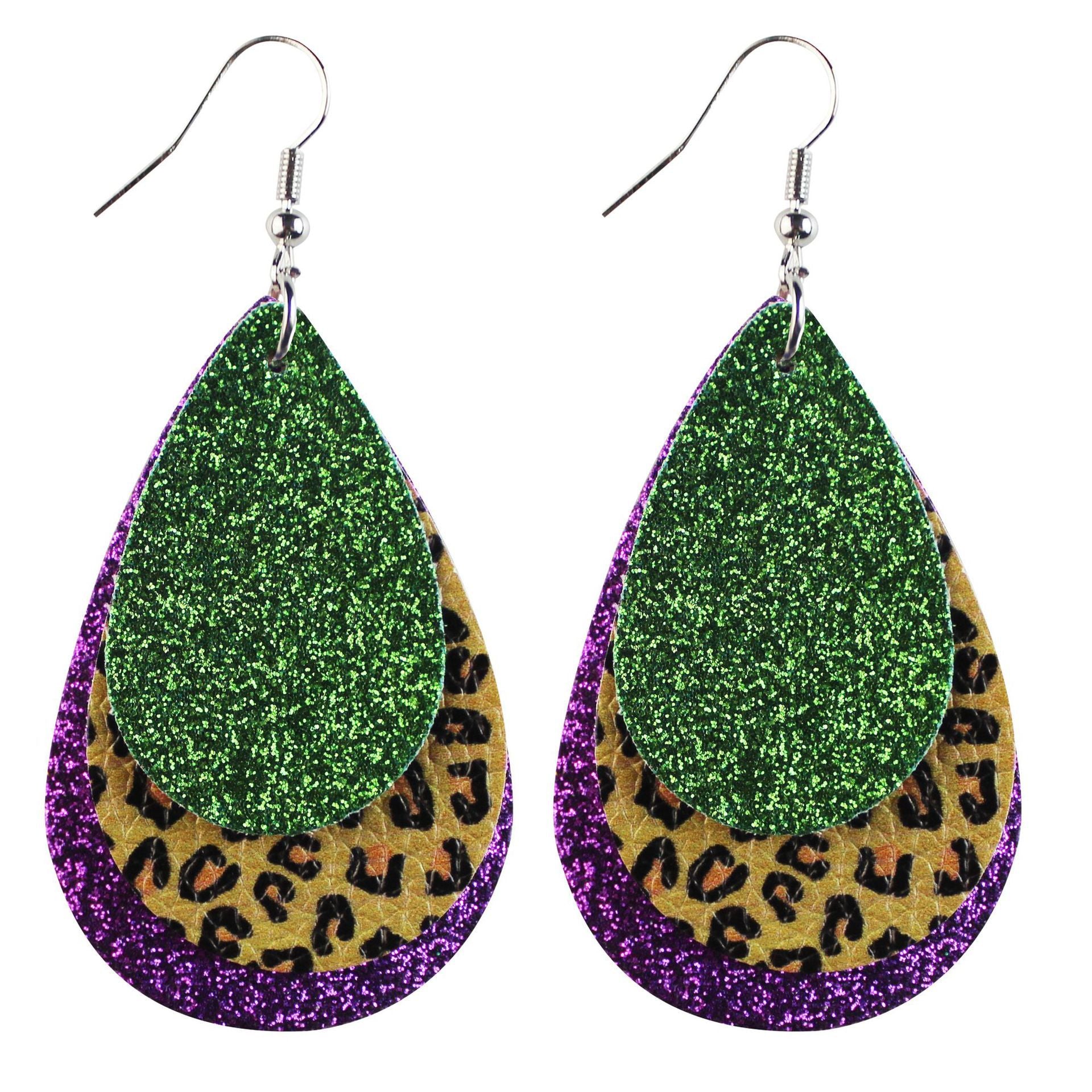 Wholesale Cross-grain single-sided print onion powder water drop three-layer leather earrings
