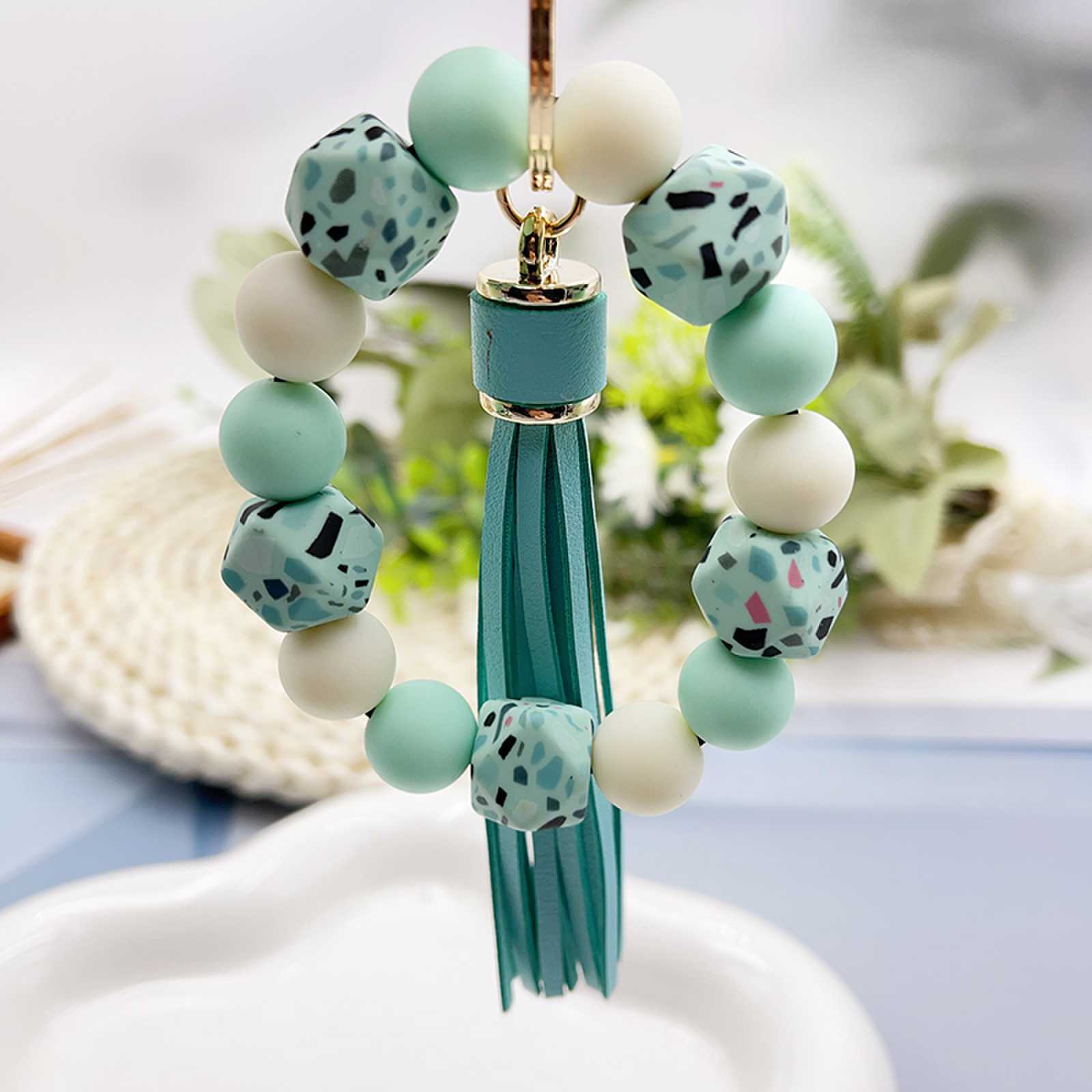 Wholesale Camouflage Stone Silicone Beaded Wrist Keychain