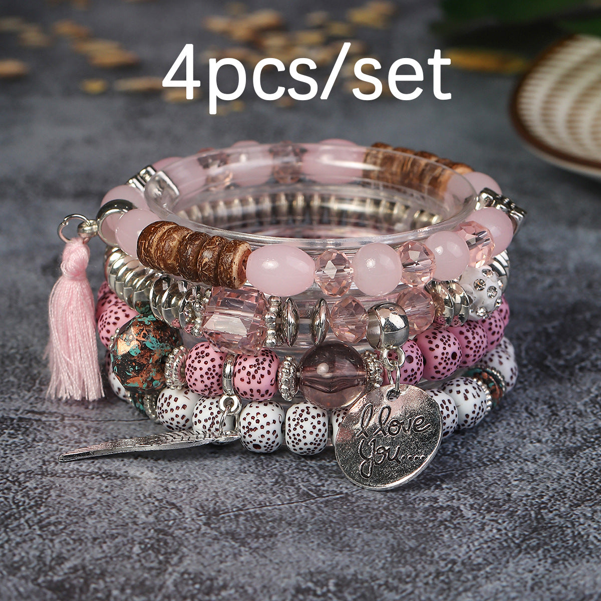 Wholesale I Love You Wings Tassel Glass Elastic Bracelet