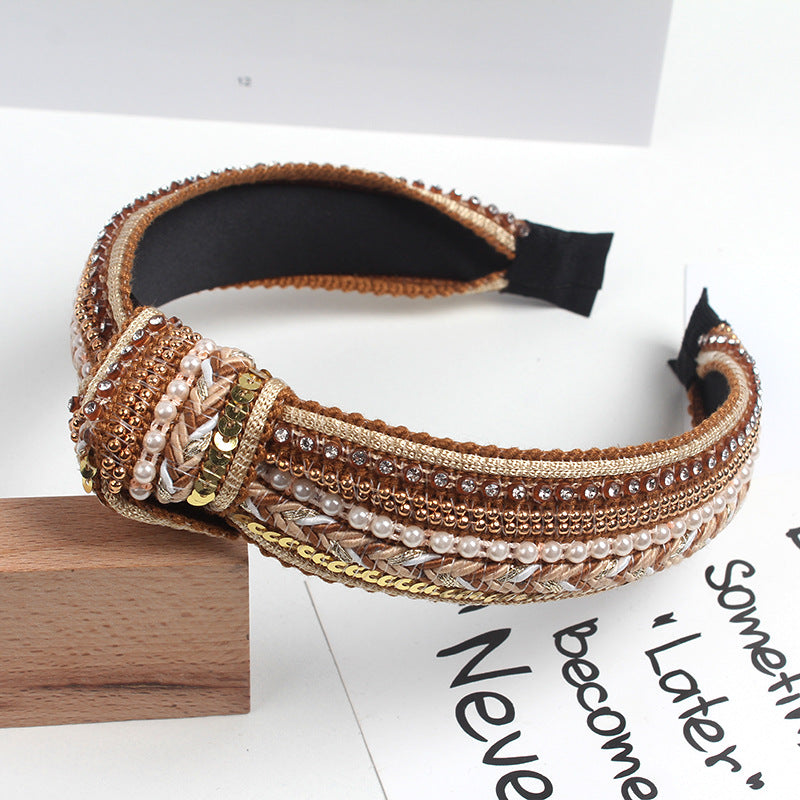Wholesale Korea Studded Pearl Sequins National Pneumatic Drill Wide-brimmed Knot Hairband