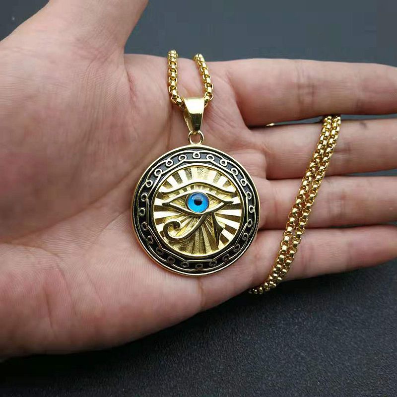 Wholesale New Alloy Gold Plated Blue Eyes Round Plate Pendant Necklace