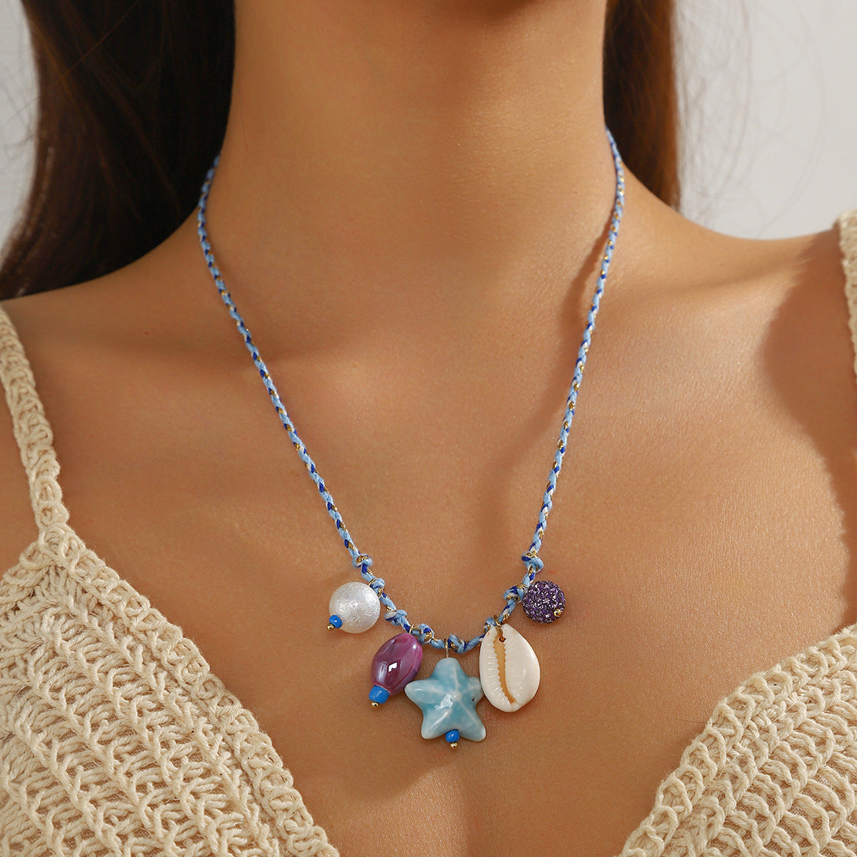 Wholesale Braided Color Rope Necklace Shell Fish Pendant Summer Bohemian Necklace