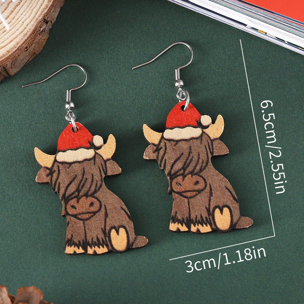 Wholesale Christmas Western Style Mountain Cow Wood Double-Sided Earrings